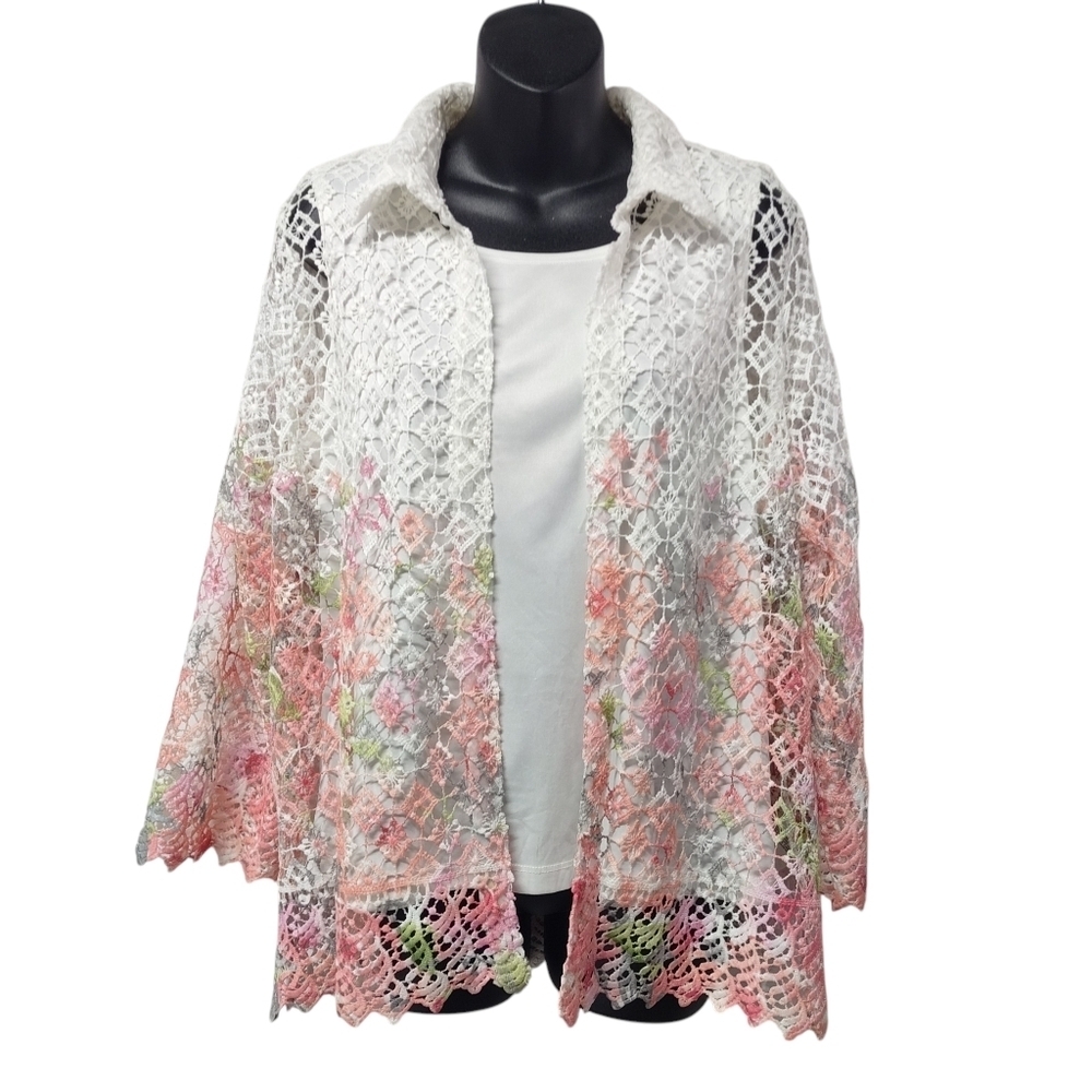 Alfred Dunner Crochet Lace Shirt White Pastel Floral Open Front W/Tank Top Sz M